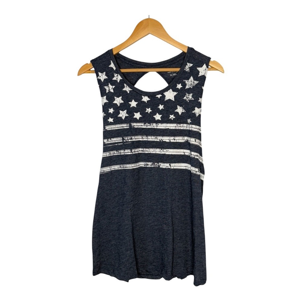 BCG Tank Top Women XL Navy Blue Stars and Stripes Patriotic Keyhole Twist Back